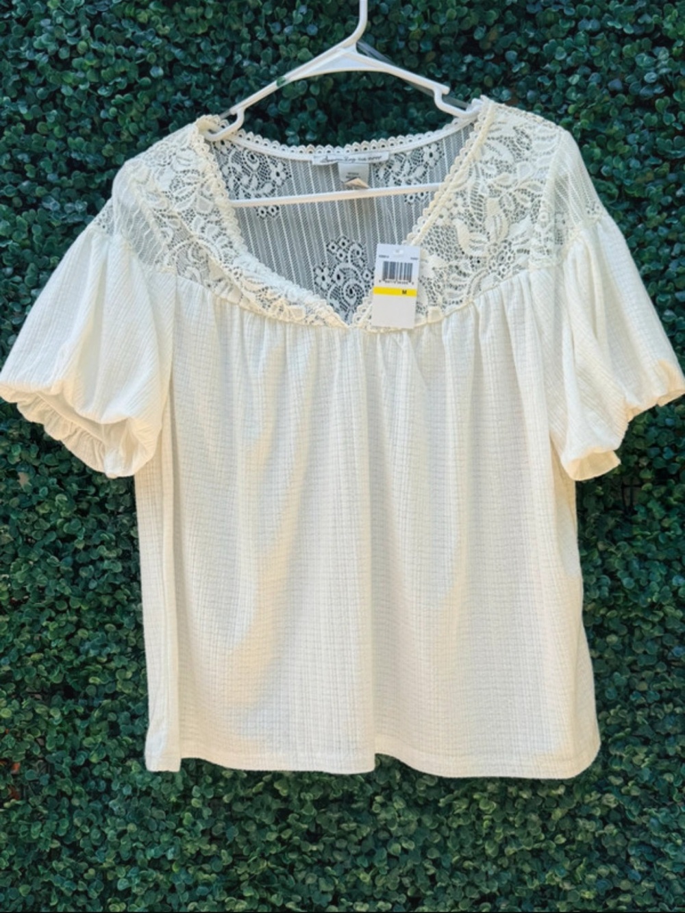 American Rag Cream Lace Yoke Short Puff Sleeve Blouse